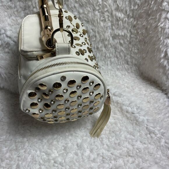 Off white small barrel Satchel/crossbody bag rose gold studs & jewels accents - Picture 3 of 16